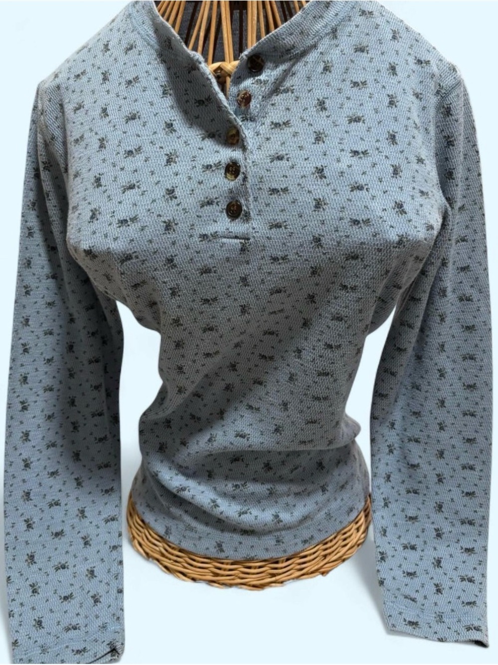 Ditsy Floral Pale Blue Floral Button Henley Top